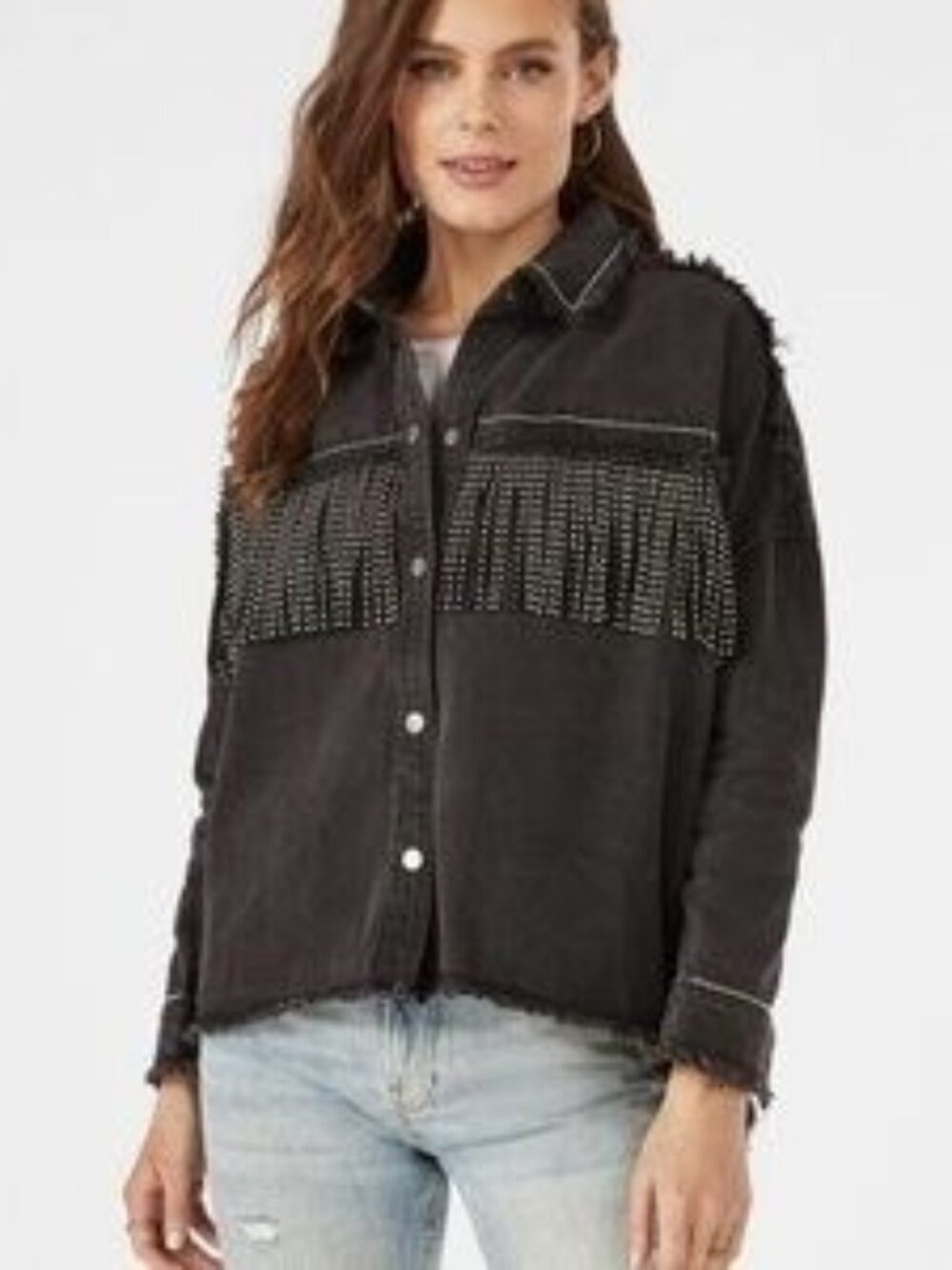Zara 100% Cotton Studded Fringe Western Washed Black Denim Jacket Size S